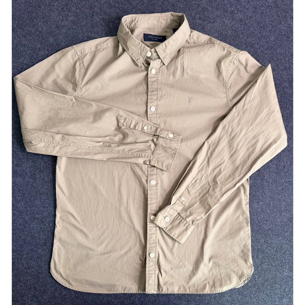 AllSaints Mens XL Khaki Tan Organic Cotton Ramskull Button Down Western Shirt